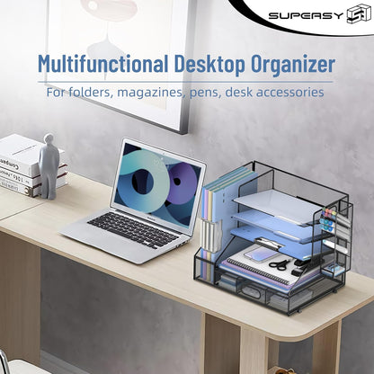 SUPEASY Desk Organizer with File Holder, 5-Tier Mesh Paper Letter Tray and 3 Tilted File Sorter for Office Supplies, Black