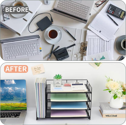 OPNICE Desk Organizer, 5-Tier Paper Organizer Letter Tray with Magazine Holder, Office Desk Accessories & Workspace Organizers, Desktop File Organizer for Office Supplies Storage, Black