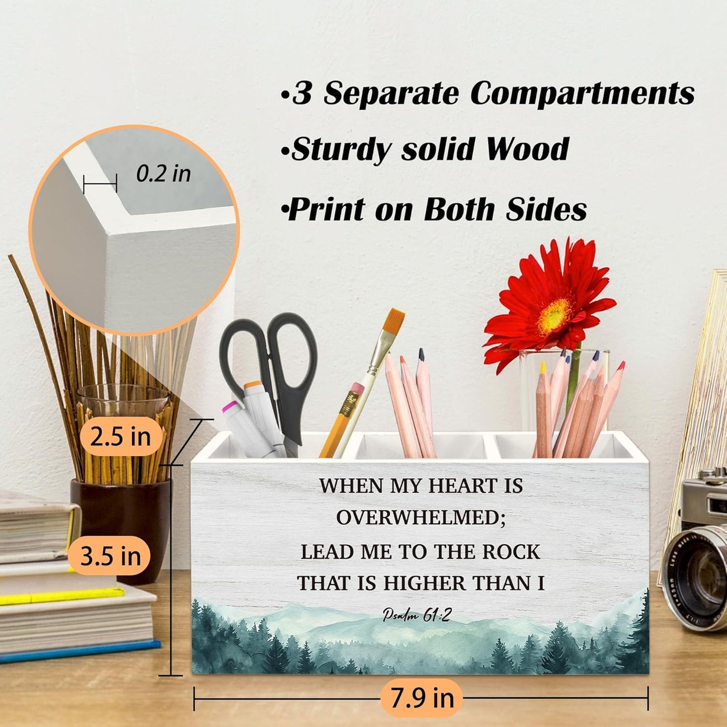 Christian Sparrow Bird Pen Holder for Desk, Religious Scripture Bible Verse Pencil Organizer, His Eye is on The Sparrow Bird Wooden Pen Holder Desk Accessories Decor for Home Office