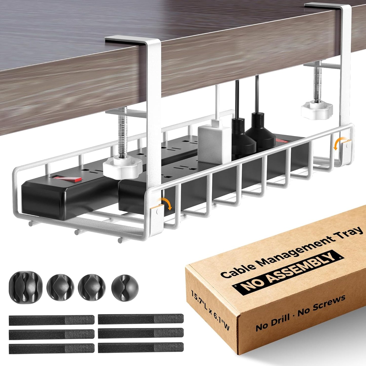 Under Desk Cable Management Tray, Xpatee Upgraded Wire Management No Drill No Screws, Cable Tray with Clamp for Wire Organizers, Computer Cord Rack for Office, Home - No Damage to Desk White