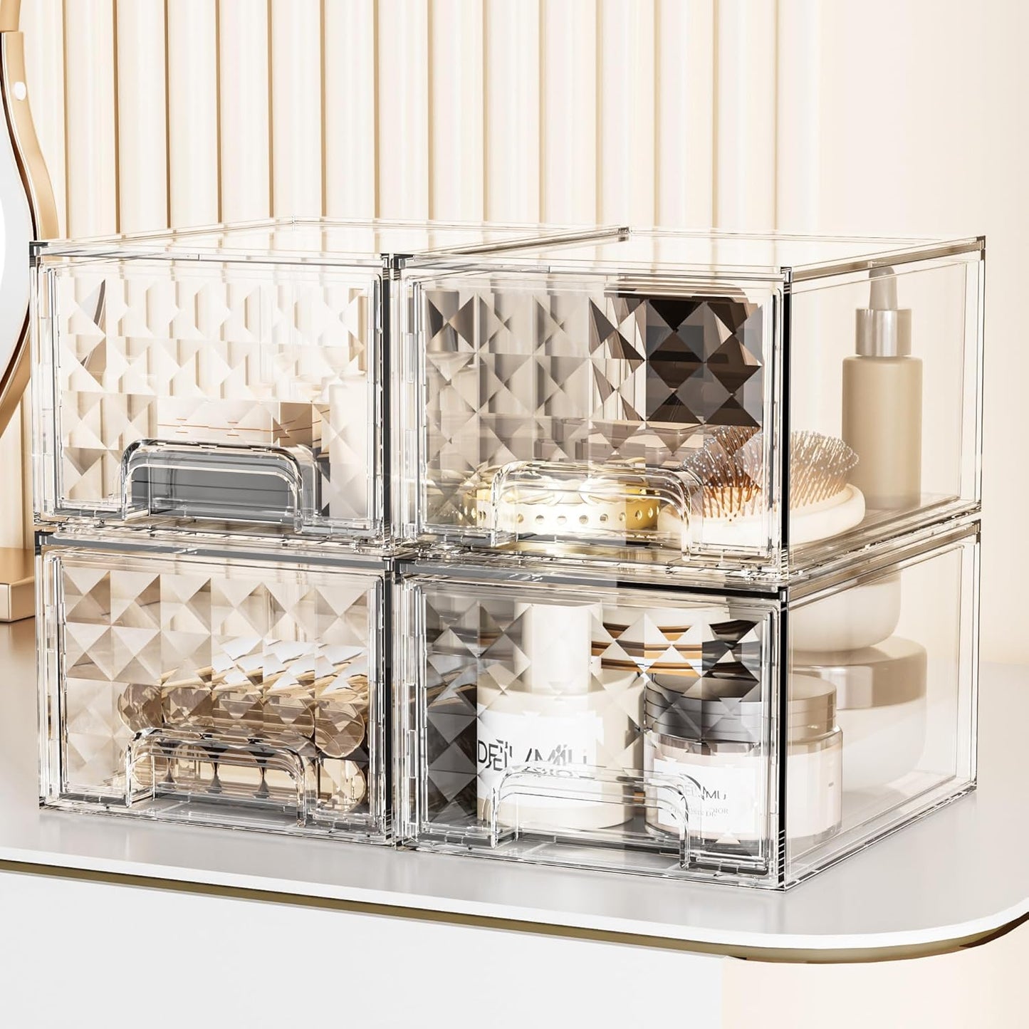 Delamu 6 Pack Stackable Storage Drawers, Makeup Skincare Holder Vanity Storage Organizer, Plastic Drawers For Vanity Desk, Undersink, Kitchen Cabinet, Pantry, Clear, Ideal Christmas Gifts for Girls