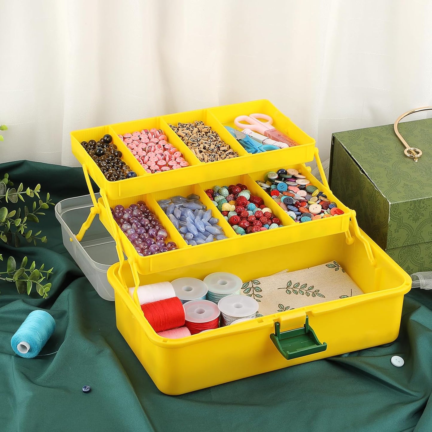 BTSKY 3-Layer Plastic Dividing Storage Box Craft Organizer and Storage with Adjustable Spacers Portable Handled Art Supply Organizer Multipurpose Home Utility Box for Medicine Sewing(Haze Green)