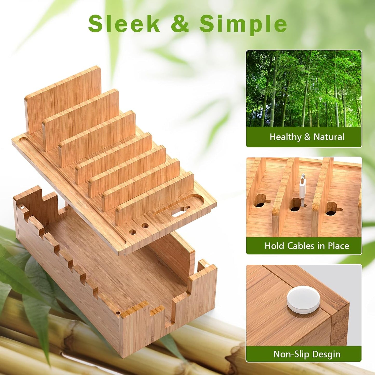 Pezin & Hulin Bamboo Charging Station for Multiple Devices with 5 Port USB Charger, 5 Cables and Watch Stand. Wood Desktop Docking Stations Organizer for Cell Phone, Tablet, Watch, Office Accessories