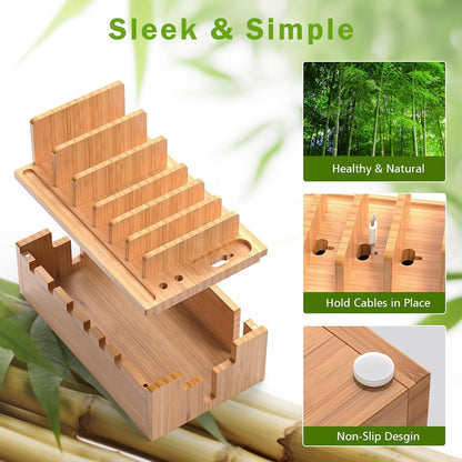 Pezin & Hulin Bamboo Charging Station for Multiple Devices with 5 Port USB Charger, 5 Cables and Watch Stand. Wood Desktop Docking Stations Organizer for Cell Phone, Tablet, Watch, Office Accessories