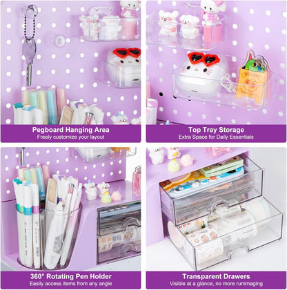 Comix 360° Rotating Pen Holder for Desk, Cute Pencil Holder Pen Organizer, Beige Acrylic Pencil Cup Caddy with 5 Slots for Home School Office Supplies