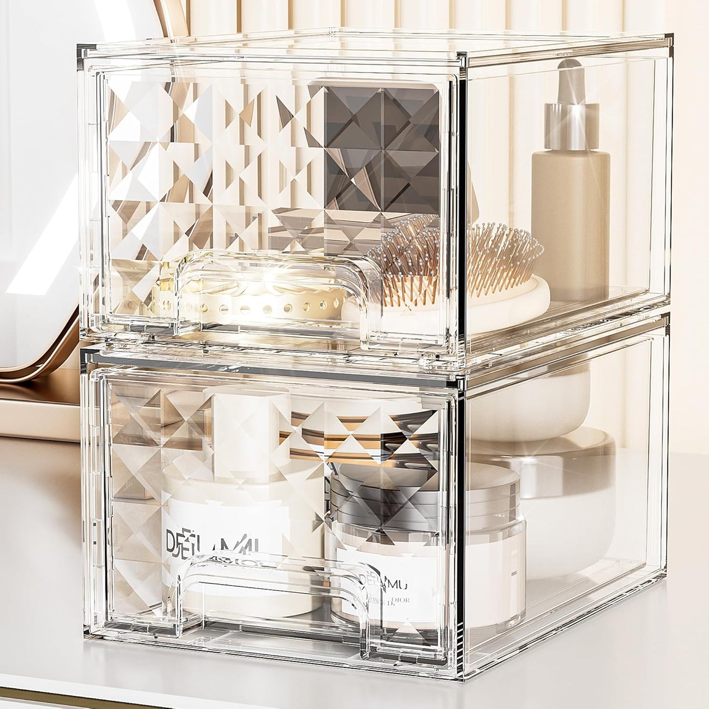 Delamu 6 Pack Stackable Storage Drawers, Makeup Skincare Holder Vanity Storage Organizer, Plastic Drawers For Vanity Desk, Undersink, Kitchen Cabinet, Pantry, Clear, Ideal Christmas Gifts for Girls