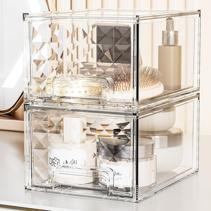 Delamu 6 Pack Stackable Storage Drawers, Makeup Skincare Holder Vanity Storage Organizer, Plastic Drawers For Vanity Desk, Undersink, Kitchen Cabinet, Pantry, Clear, Ideal Christmas Gifts for Girls