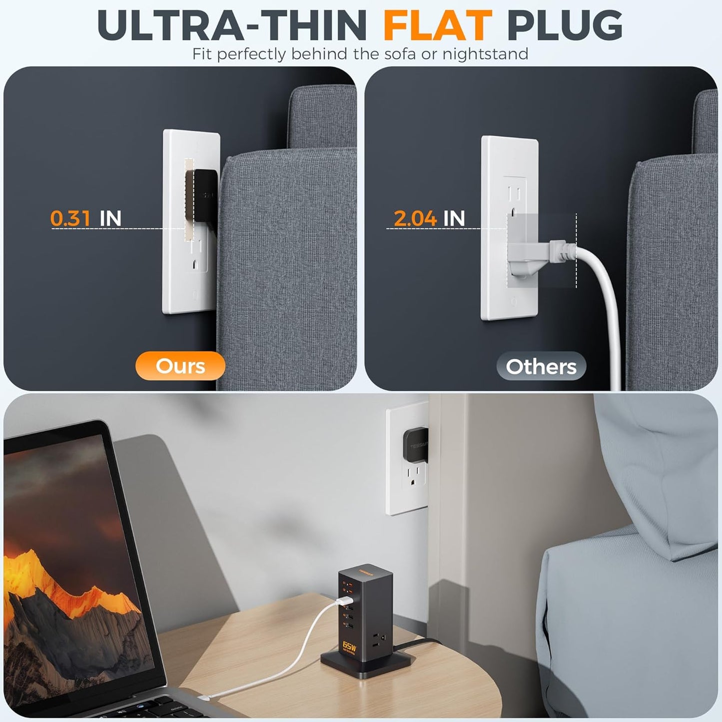 Charging Station for Multiple Devices, TESSAN 9-in-1 USB C Power Strip for iPhone 17/16/15, MacBook, Tablet, Desktop Phone Fast Charger with 3 AC, USB Charger, Home Drom Office Accessories, White-65W