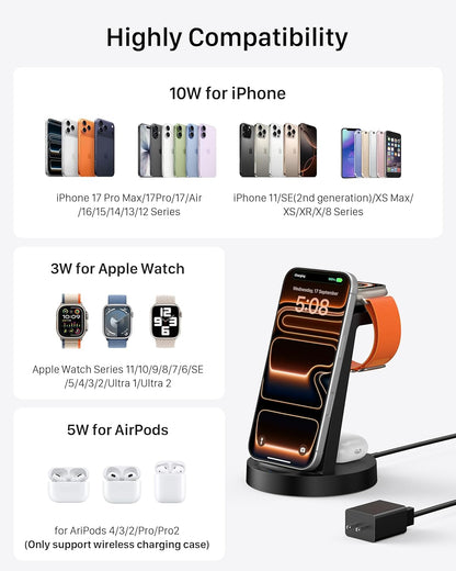 Anlmz 3 in 1 Charging Station for iPhone - Wireless Charger for Apple Products Multiple Devices - Charging Dock Stand for AirPods (for iPhone 17 16e 16 15 14 13 pro 12 11 X Max)