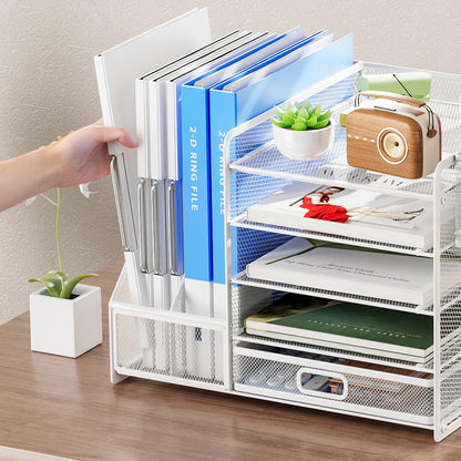 Marbrasse Desk Organizer with File Holder, 5-Tier Paper Letter Tray Organizer with Drawer and 2 Pen Holder, Mesh Desktop Organizer and Storage with Magazine Holder for Office Supplies(Black)
