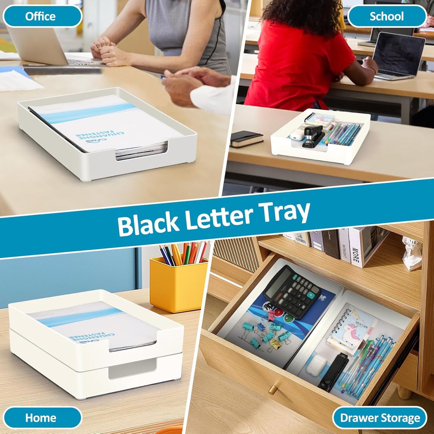 Letter Tray, Desk Organizer Tray, A4 Plastic Paper Tray Organizer for Desk, Stackable Rectangular Inbox Mail File Holder, Drawer Organizer for Desk Accessories Office School Home Supplies (Black)