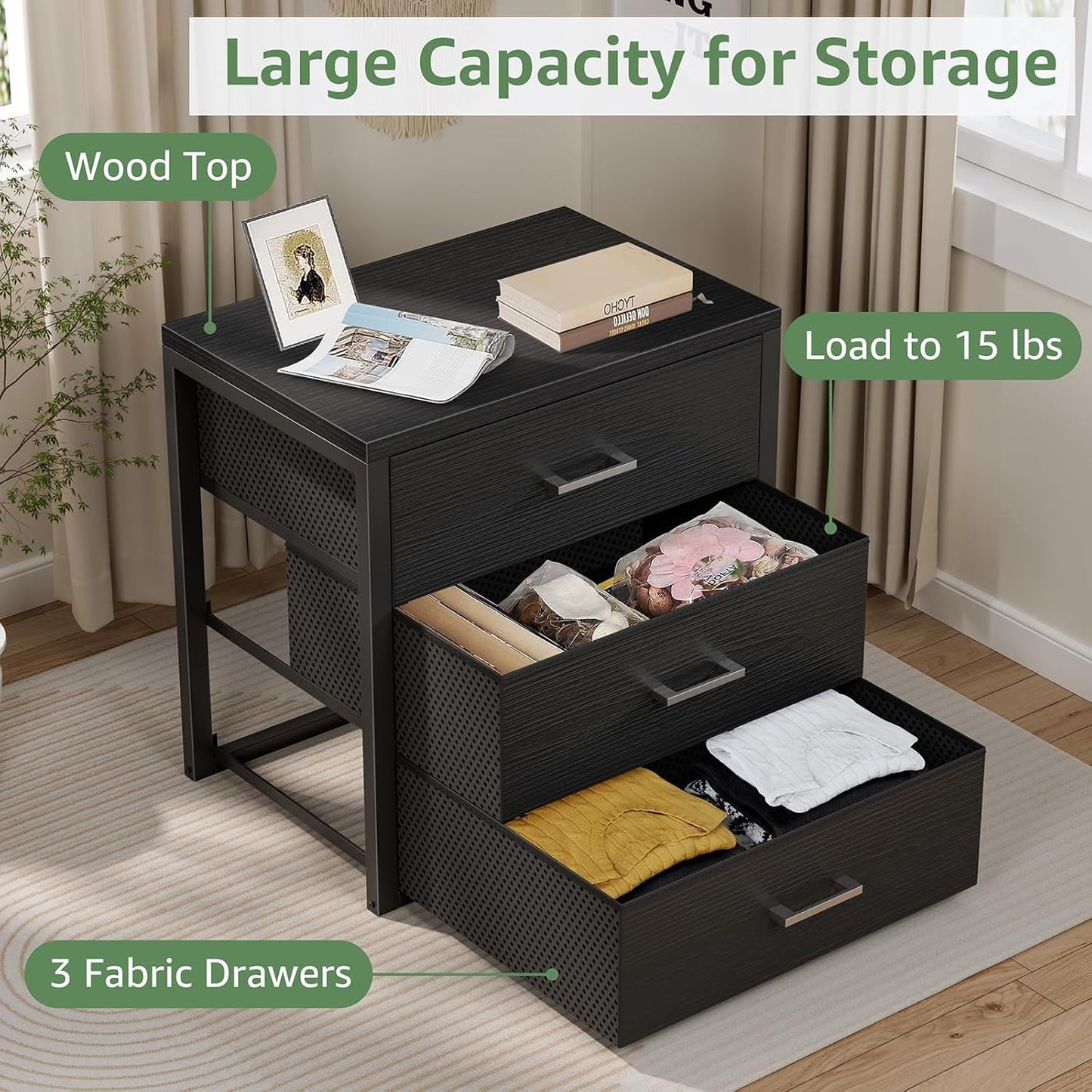 BOLUO Closet Drawers Black Fabric 3 Drawer Small Dresser for Closet Organizers and Storage Bedroom Dorm Modern
