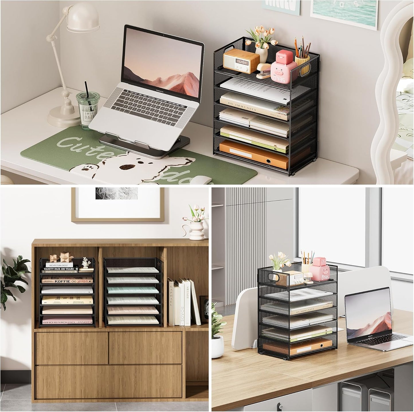 Subekyu 6 Tier Office File Paper Desk Tray Organizer with Handle, Stackable Slide Mesh Letter Tray Folder Blue Desk Organizer, Desktop Document Sorter for Classroom, Office, Home Supplies Storage