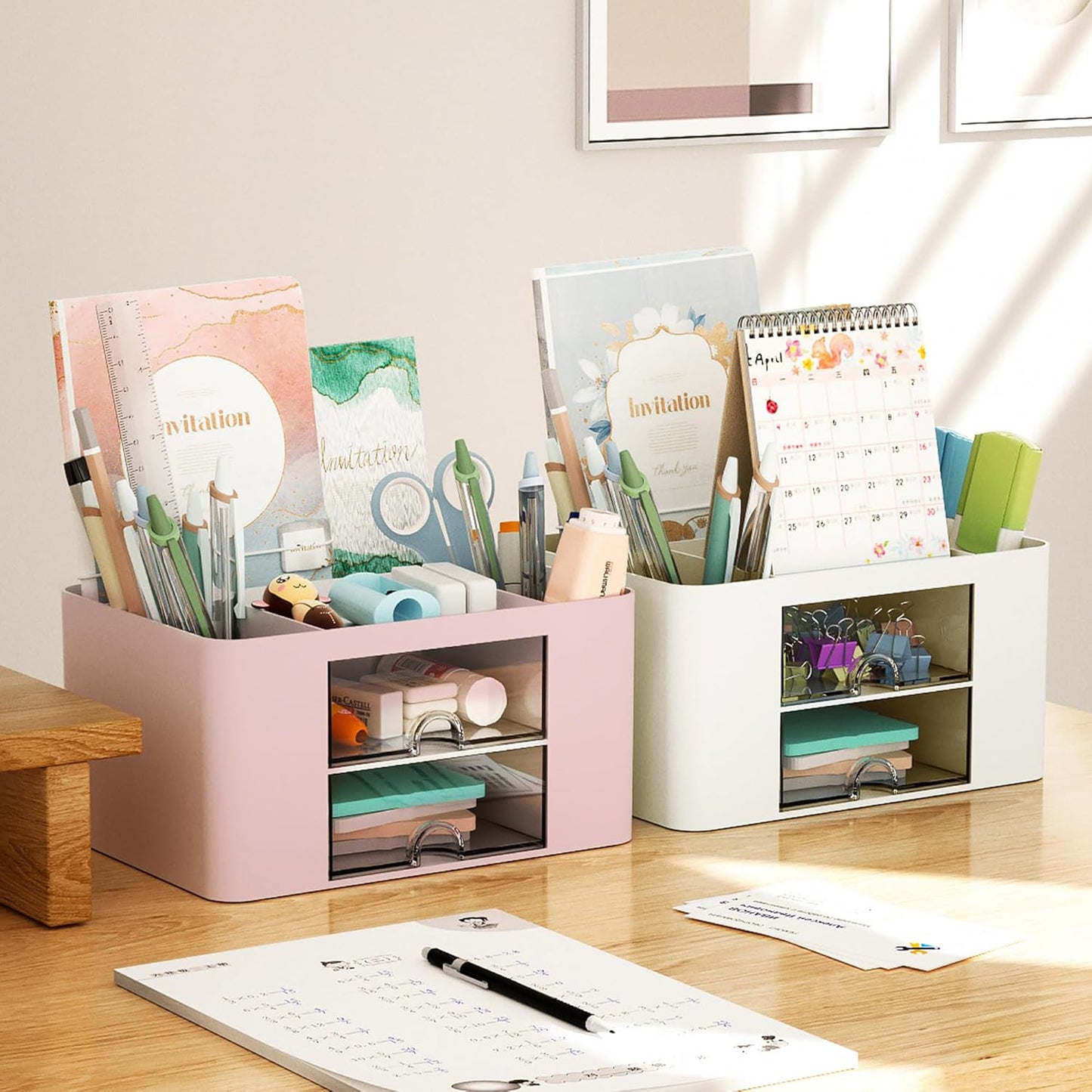 Marbrasse Pen Organizer with 2 Drawer, Multi-Functional Pencil Holder for Desk, Desk Organizers and Accessories with 5 Compartments + Drawer for Office Art Supplies (White)