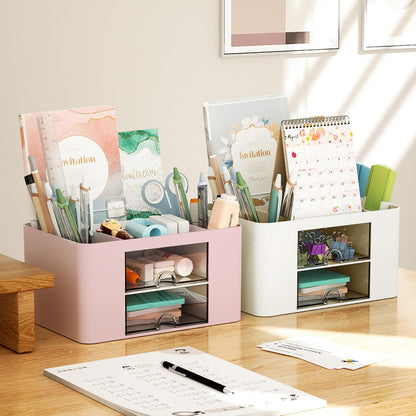 Marbrasse Pen Organizer with 2 Drawer, Multi-Functional Pencil Holder for Desk, Desk Organizers and Accessories with 5 Compartments + Drawer for Office Art Supplies (White)