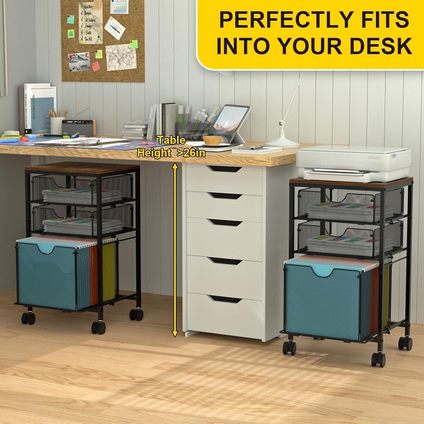 BOHDK Rolling File Cart with 3 Storage Drawers, Wood & Mesh Hanging File Folder Organizer with Wheels Under Desk, File Cabinets for Home Office, 11.81" D x 14.8" W x 25.39" H, White