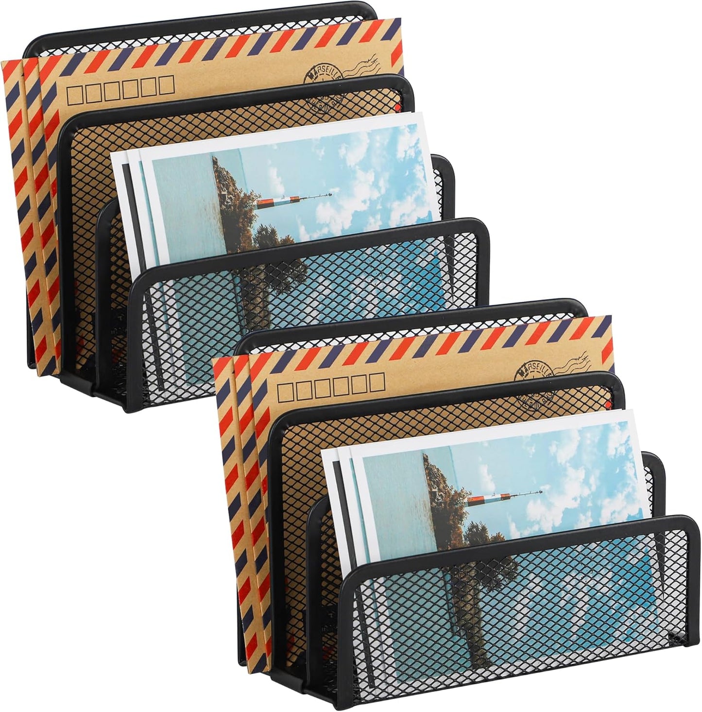 EASEPRES Desk Mail Organizer, Office Small Desktop Metal Mesh Envelope Letter Sorter Paper File Holder Organizer with 3 Vertical Upright Compartments, Black 1 Pack