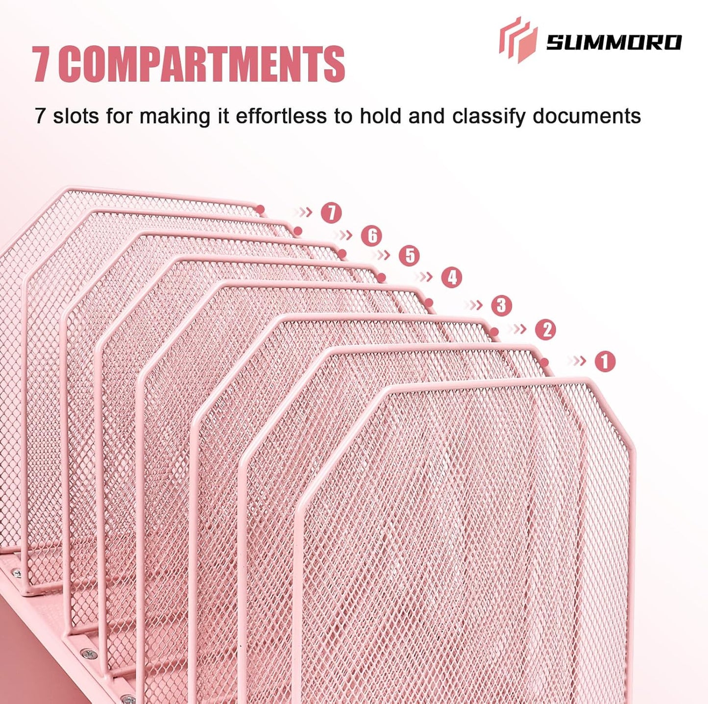 SUMMORO Inclined File Organizer for Desk, 7-Section Vertical File Folder Holder Office Desk Organizer Metal Rack File Wire Mesh Desktop Document Sorter for Office School Classroom Home (Black)