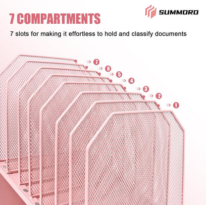 SUMMORO Inclined File Organizer for Desk, 7-Section Vertical File Folder Holder Office Desk Organizer Metal Rack File Wire Mesh Desktop Document Sorter for Office School Classroom Home (Black)