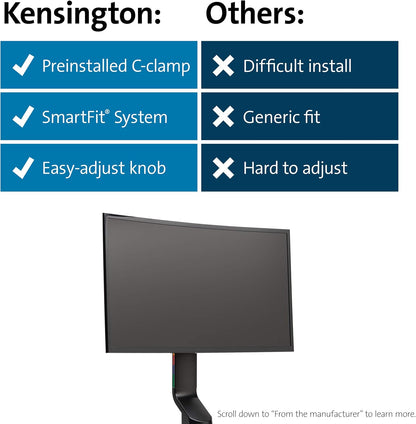 Kensington Single Monitor Desk Mount, C-clamp Vesa Stand Fits up to 32 inch Ultrawide Samsung LG , Low Profile Vertical Mount, Height Adjustable Free Standing Arm,K55512WW Black