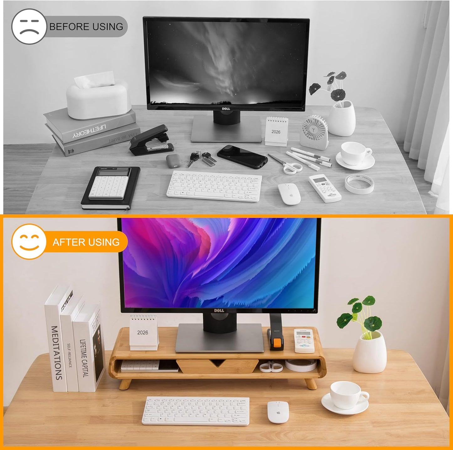 Homerays Monitor Stand with Drawer, Exquisite Computer Monitor Stand for Desk, Ergonomic Wood Monitor Stand Riser for Computer,Laptop,Printer,TV,Bamboo,White
