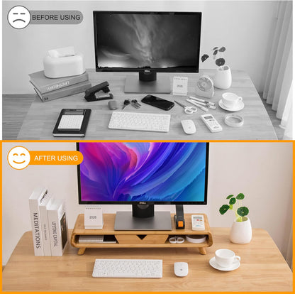 Homerays Monitor Stand with Drawer, Exquisite Computer Monitor Stand for Desk, Ergonomic Wood Monitor Stand Riser for Computer,Laptop,Printer,TV,Bamboo,White