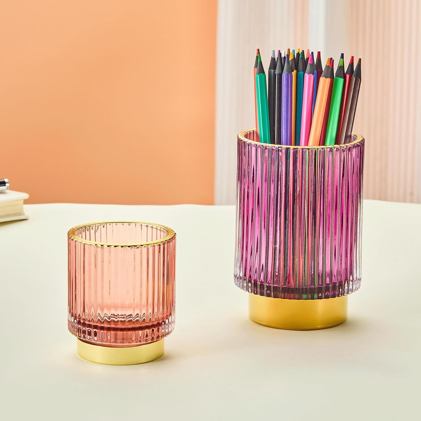 Makeup Brush Holder Organizer,Toothbrush Holders,Desk Pen Pencil Holder,Multifunctional Vintage Glass Brush Cup（L/Green/A3-6-US）
