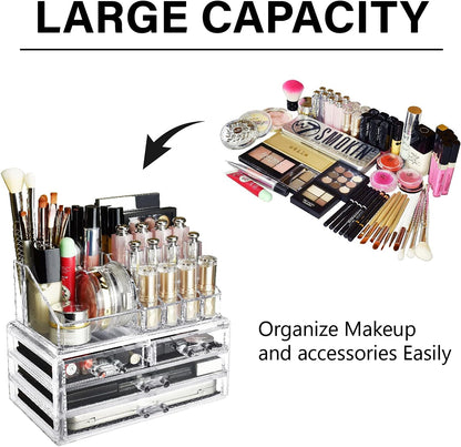 Ikee Design Acrylic Makeup Organizer with 4 Drawers and Removable Top Lipstick Holders, Ideal for Make-up or Accessories,Enhance Your Vanity or Bathroom with Clear Design for Quick Visibility