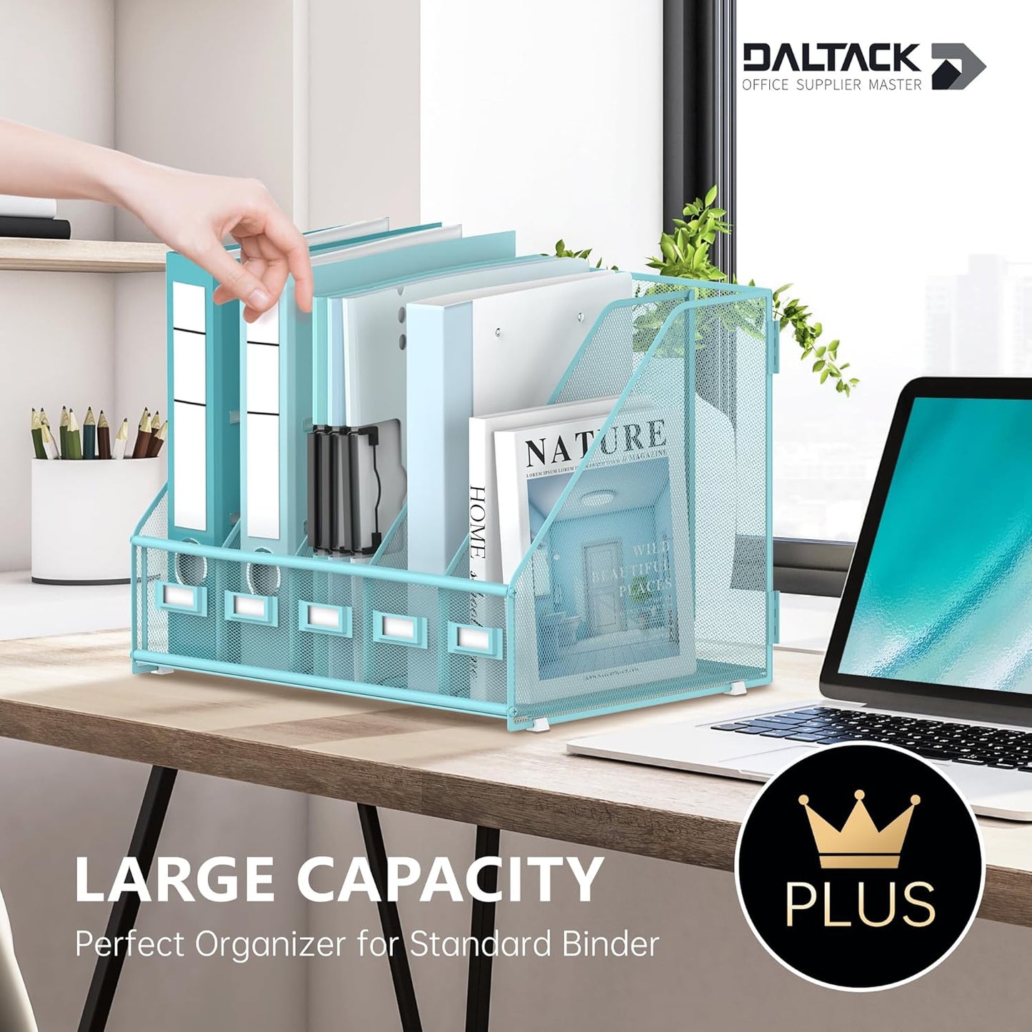 DALTACK 5 Vertical Compartments Magazine File Holder, Binder Organizer, Metal Desk Organizers for Office Home School Classroom Organization, Black