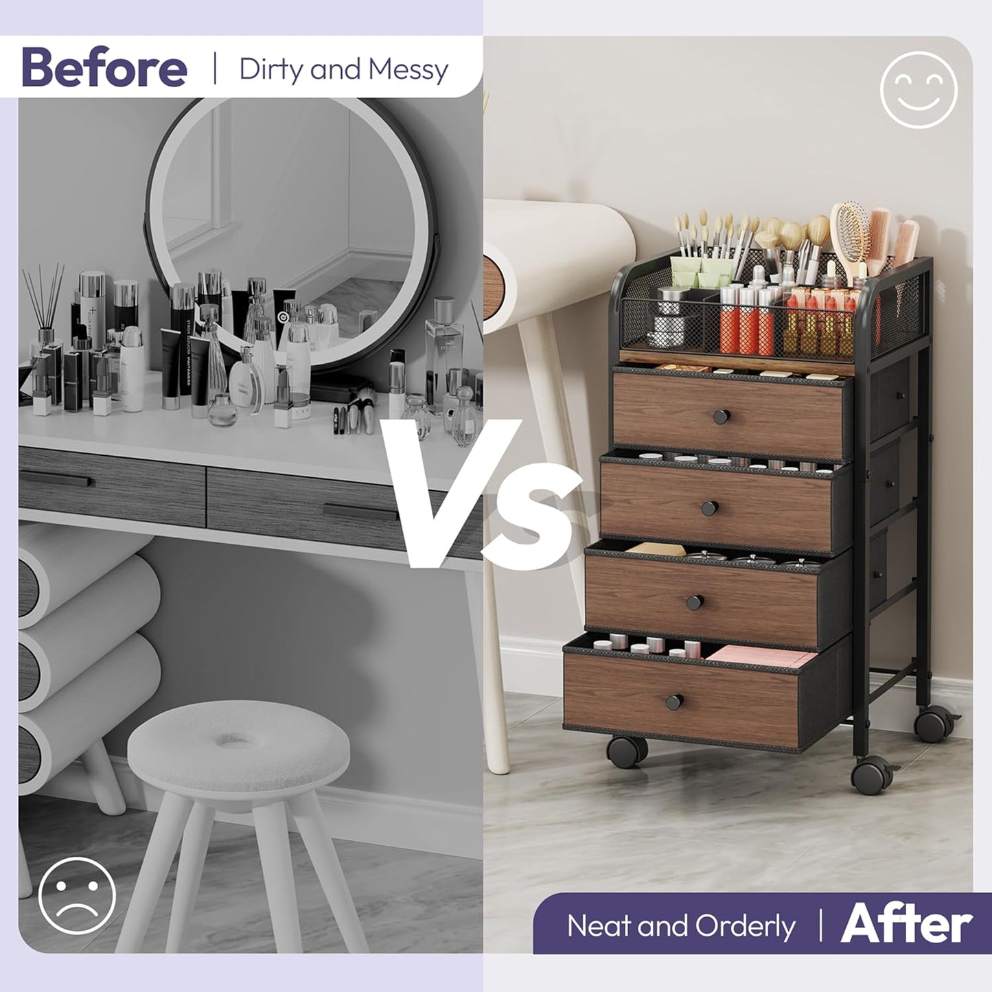 SWTYMIKI Rolling Makeup Organizer Cart - Under Desk Vanity Makeup Storage with 3 Non-woven Drawers, Nail Cart Organizer Cosmetic Display Cases Cabinet for Skin Care Perfume Nail Polish Brush Hair Tool