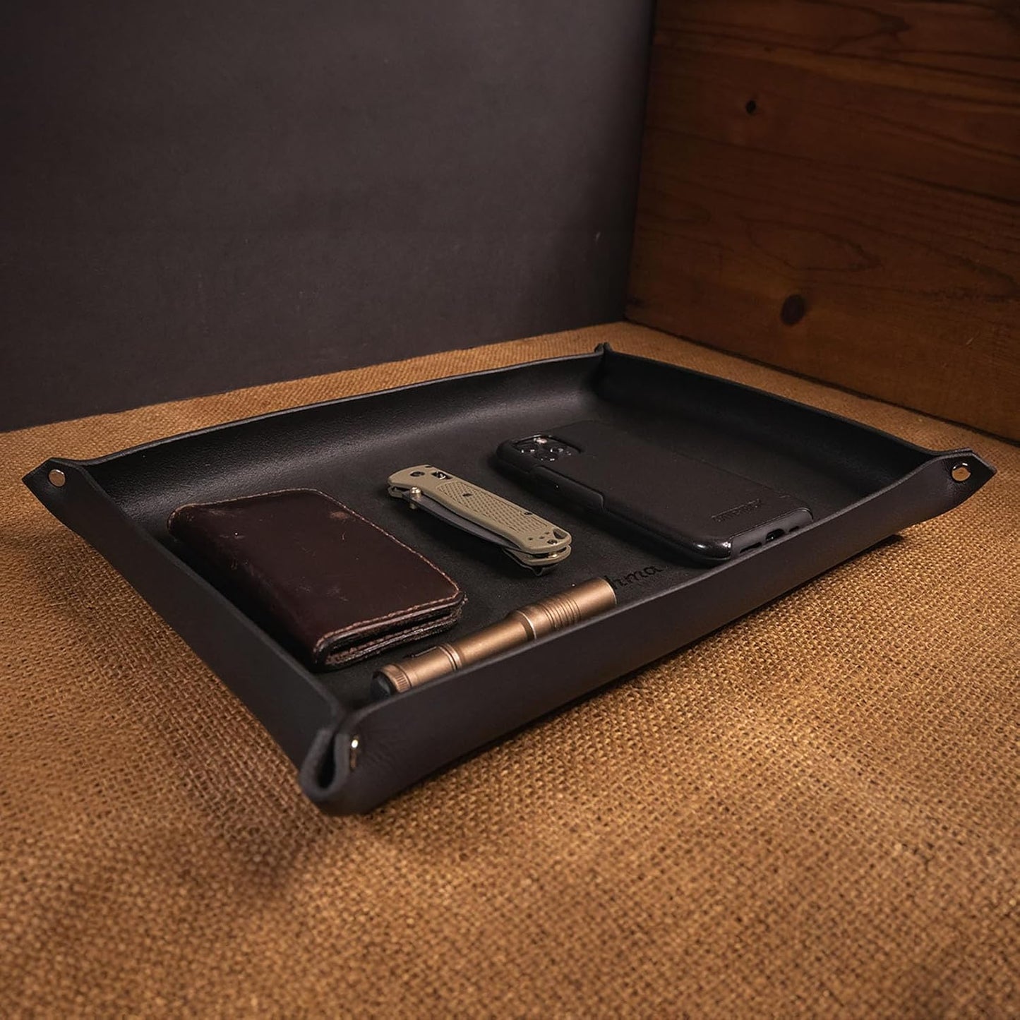 Valet Tray – Full-Grain Leather Catchall Organizer for Keys, Phone & Wallet – Rustic Nightstand & Desk Tray with Raised Sides – Handmade in USA (Vintage Brown, Small Rectangle)