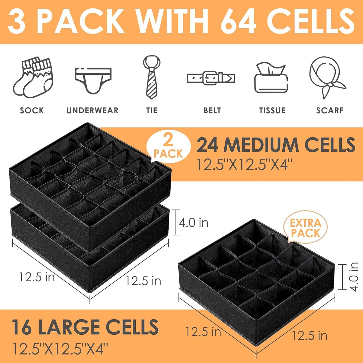 Criusia 6 Pack Large Drawer Organizer for Sock Underwear - Washable Heavy Duty Fabric Closet Organizers and Storage Bins - 90 Cells Dresser Organizer Divider for Baby Clothes, Ties, Belt (Grey)