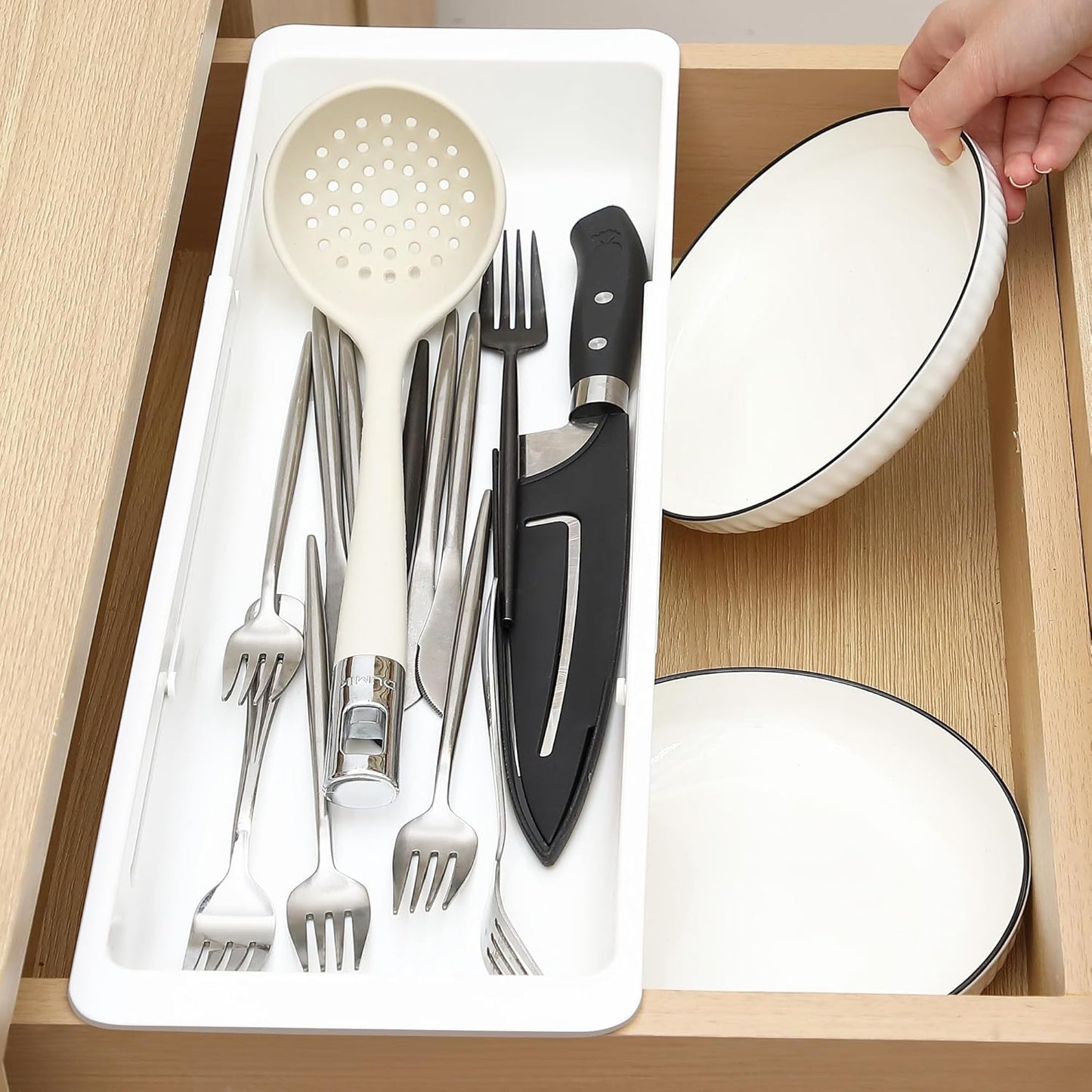 1 Pack Deep Drawer Organizer Bins, Sliding Drawer Organizer Bin Expandable and Adjustable Tray for Kitchen Utensils, Towels, BBQ Tools, Durable Plastic Sliding for Easy Storage (12.4-17.7")