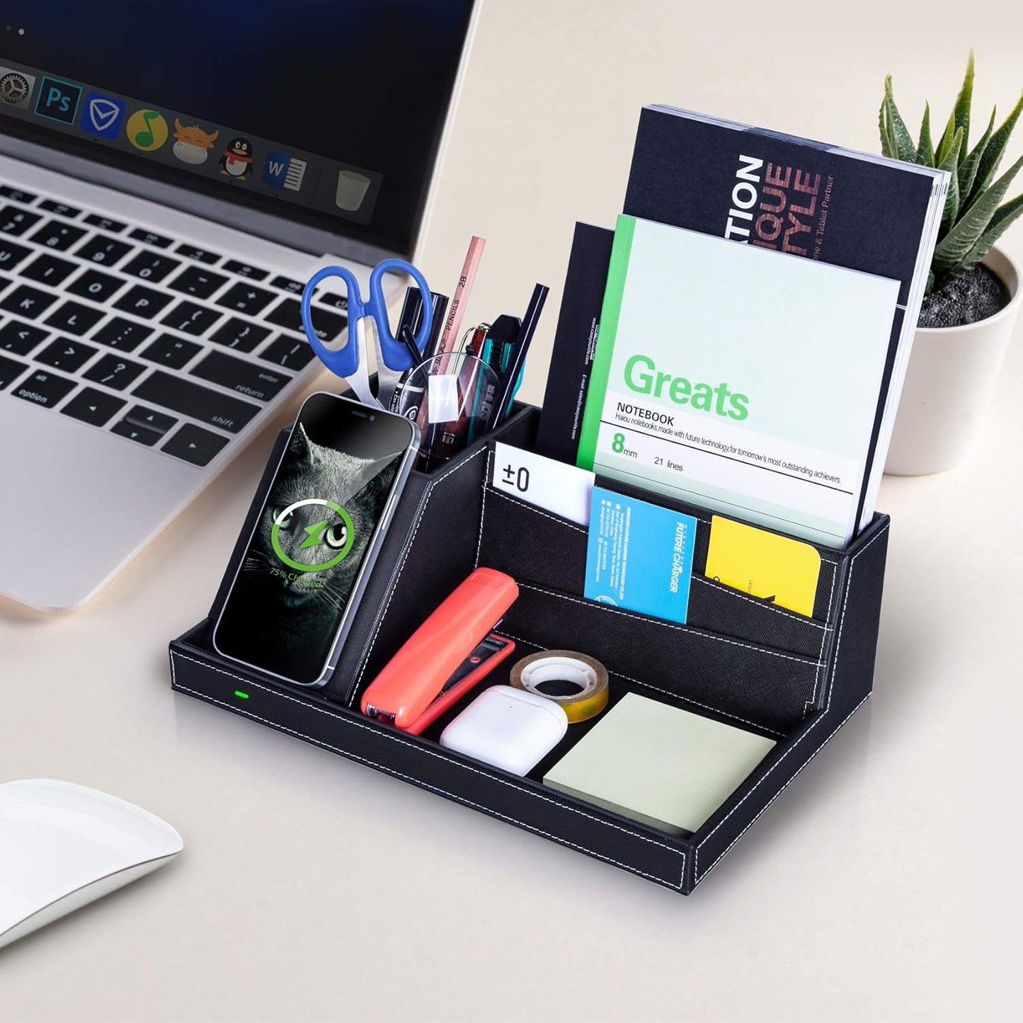 Valet Tray, Built in Wireless Charging Pad, Nightstand Organizer, Dresser Organizer, Mens Jewelry Box, Valet Charging Station, Faux Leather Valet Tray for Men and Women (Black+Wireless)