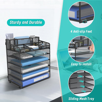 5 Tier Mesh Desk Organizer,Multi Functional Letter Paper Tray with 3 Pen Holders and 5 Adjustable Storage Compartments for Office Supplies Files and Mail Space Saving Desktop Organizer-Black
