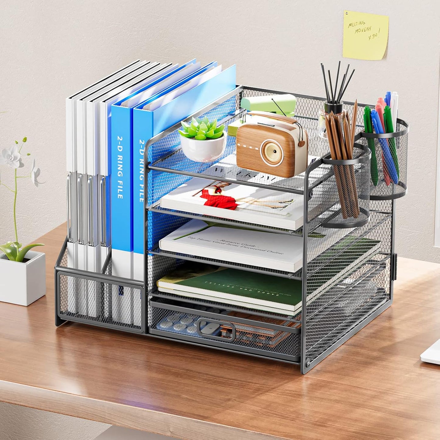 Marbrasse Desk Organizer with File Holder, 5-Tier Paper Letter Tray Organizer with Drawer and 2 Pen Holder, Mesh Desktop Organizer and Storage with Magazine Holder for Office Supplies(Black)
