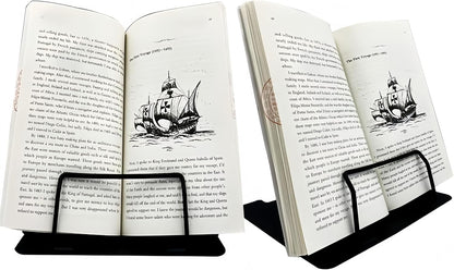 Azheeujy Metal Book Stand Folding Reading Book Holder with 6 Adjustable Angles and Paper Page Clip,Sturdy Desktop Book Holder for Cookbook,Magazine,Textbooks,Document,Music Book,Laptop,Tablet (Black)