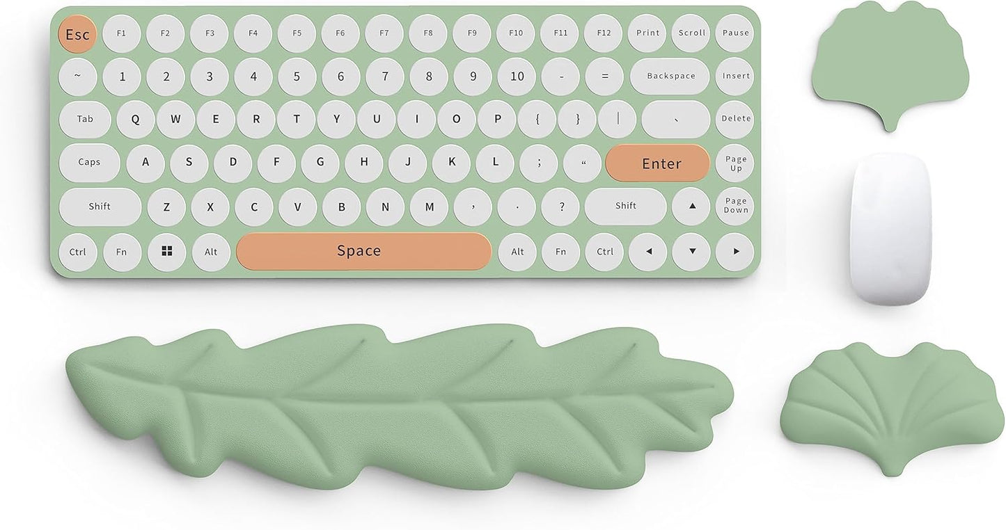 Keyboard Wrist Rest Pad Set, Leaf Shape PU Leather Memory Foam Wrist Cushion Support,Mouse Wrist Rest Pad,Non-Slip Wrist Support for Easy Typing Pain Relief, Green Leaf