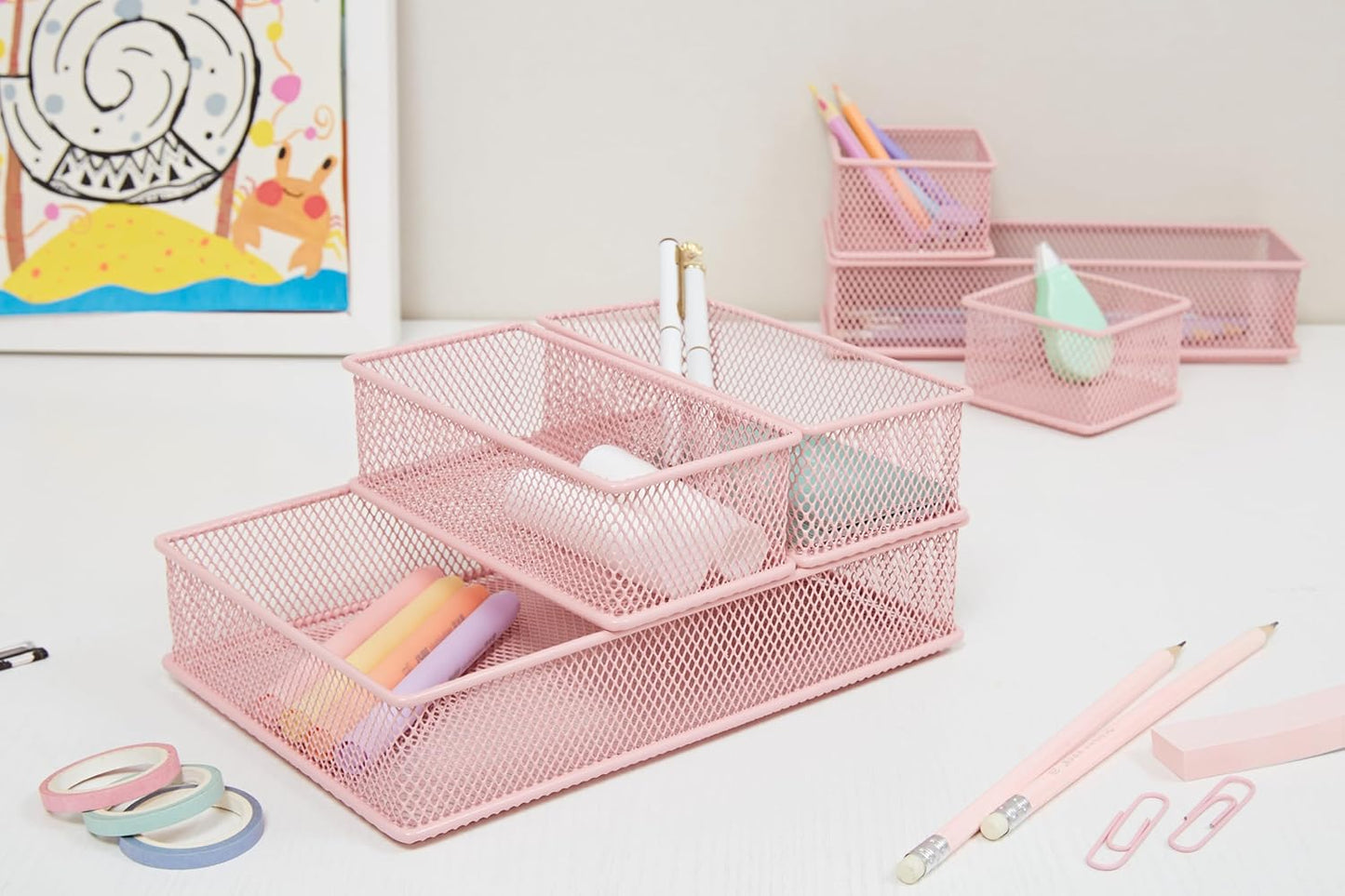 Annova Stackable Mesh Drawer Cabinet and Shelf Organizer Bins Storage Basket School Office Supply Holder Tray- Set of 2 (Gold, 3x3x2 Inch)