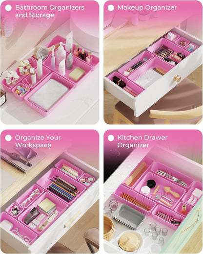 BiuLeon 25 PCS Plastic Drawer Organizers Set, 4-Sizes Vanity and Makeup Organizer, Desk and bathroom Drawer Organizer Trays, Organizers and Storage for Makeup, Jewelry, Gadgets, Utensils (Pink)