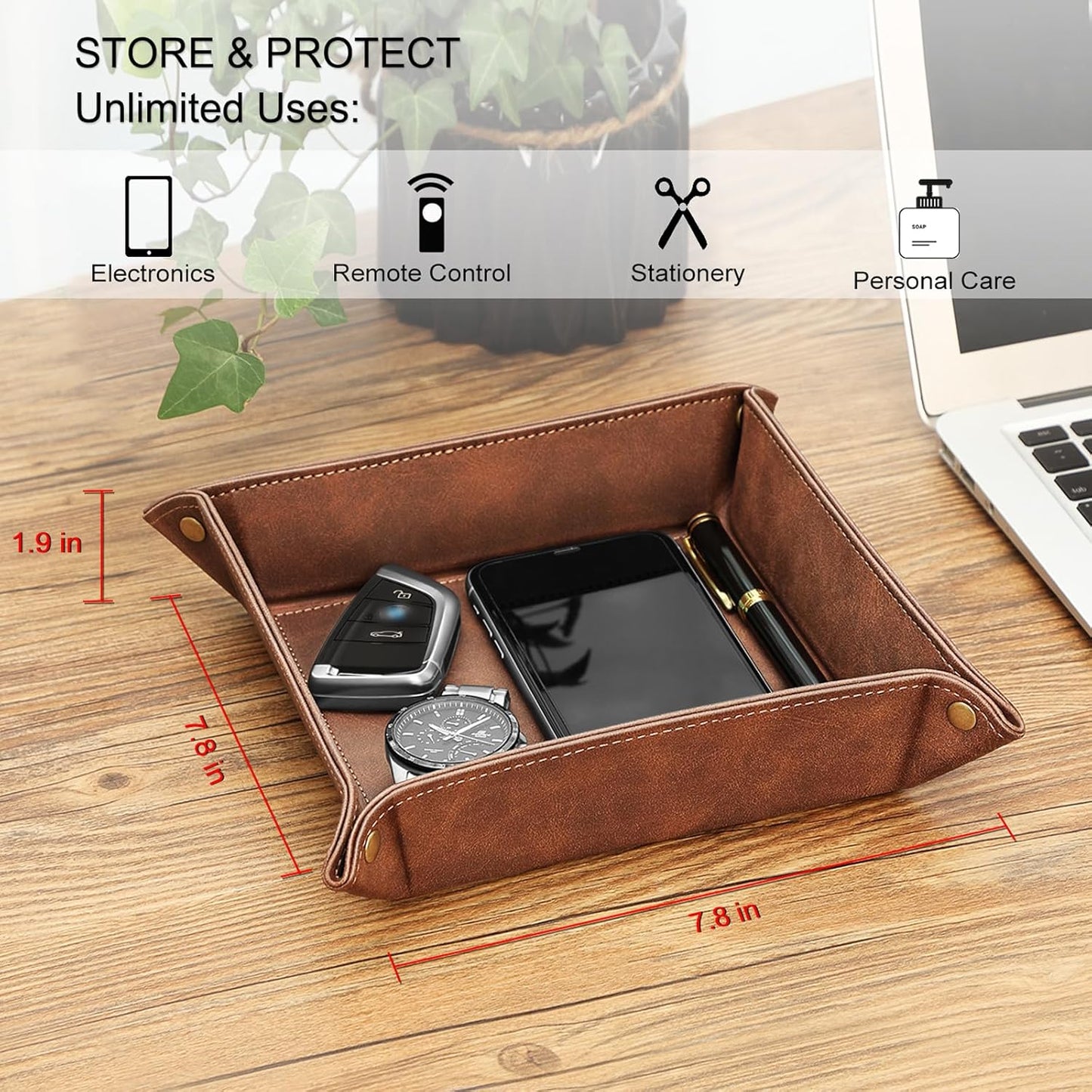 SITHON Valet Tray Desktop Storage Organizer – Premium PU Leather Catchall Bedside Vanity Tray Nightstand Caddy Holder for Keys, Phone, Wallet, Coin, Valentine's Day Gift, Brown