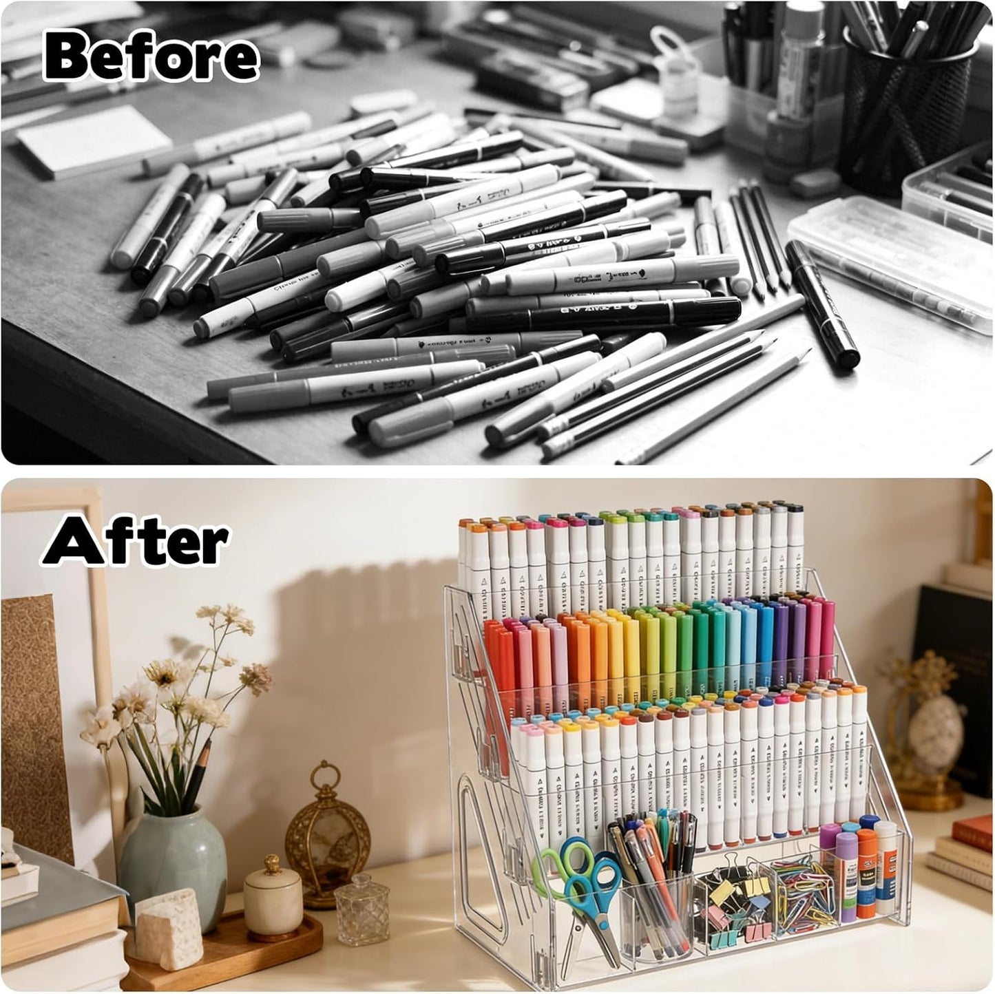 2 Pack Acrylic Desk Organizer, 4 Tier 20 Compartments Vertical Storage for Pens Art Supplies Home Classroom Back to School Office School Office Desk Desktop Stationery Pencil Storage