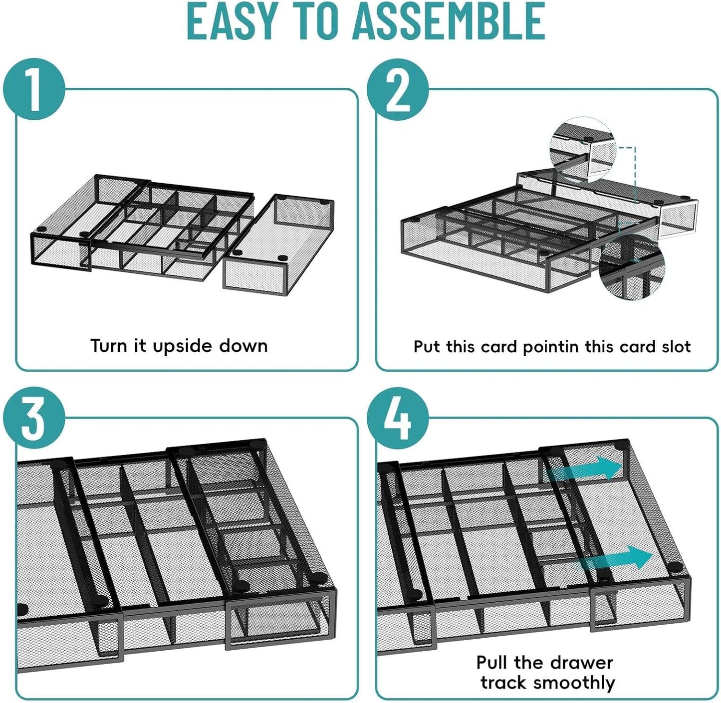Expandable Desk Drawer Organizer Tray with 10 Adjustable Compartments, Metal Mesh Office Drawer Organizer, Versatile Desk Organizer for Home, School Supplies, Makeup Vanity & Jewelry (Black)