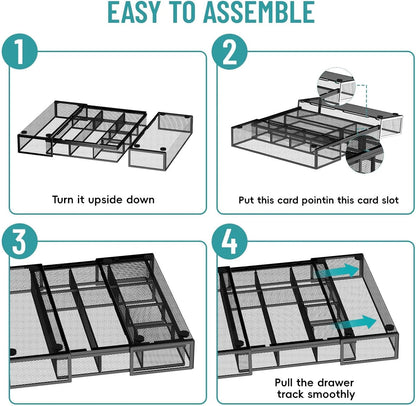 Expandable Desk Drawer Organizer Tray with 10 Adjustable Compartments, Metal Mesh Office Drawer Organizer, Versatile Desk Organizer for Home, School Supplies, Makeup Vanity & Jewelry (Black)