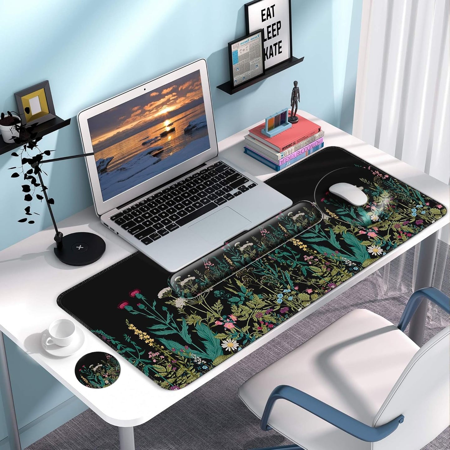 Desk Mat Set + Keyboard and Mouse Pad with Wrist Rest Support,4-in-1 Large Mousepad Computer Mats for Desktop Home & Office-Purple Butterflies