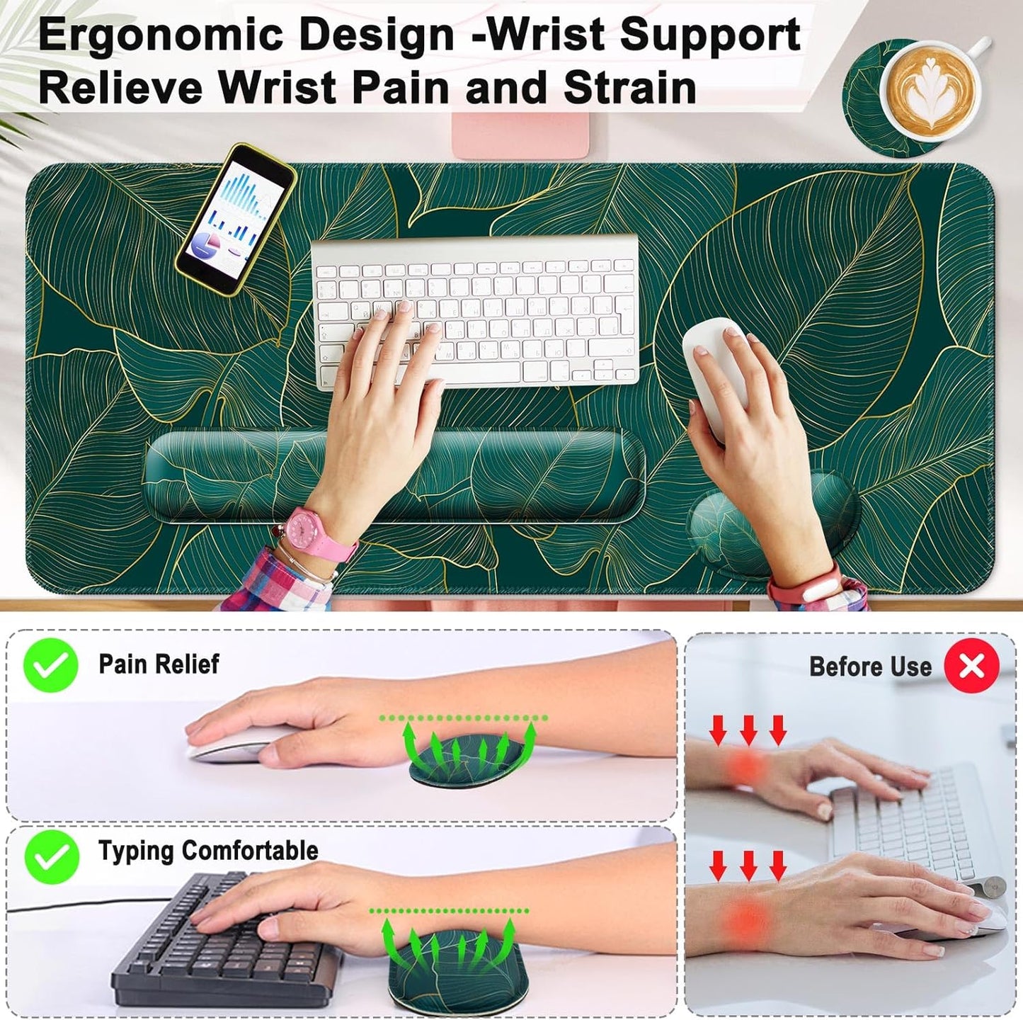 Keyboard Wrist Rest + Mouse Pad with Wrist Support + Desk Mat + Coaster 4 in 1 Set, XXL Large Gaming Mousepad Cute Ergonomic Mouse Pads for Desk Computer Laptop Office Decor-Beach
