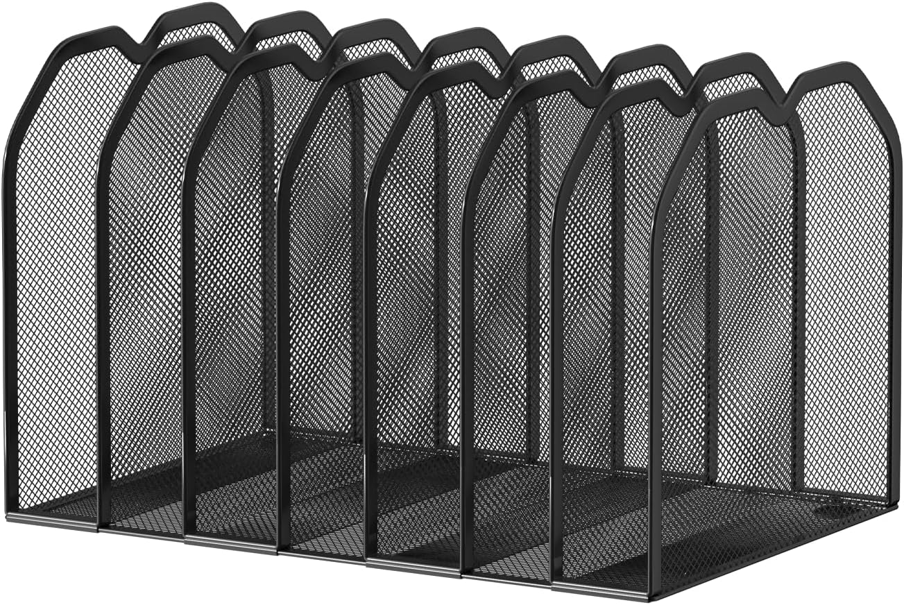 FANXIYQ Metal 7-Section File Folder Organizer for Desk | Vertical Office File Holder | Heavy-Duty Mesh Document Sorter for Books, Binders, Laptops | Black Desk Organizer (12.8”x8.5”x7.9”)