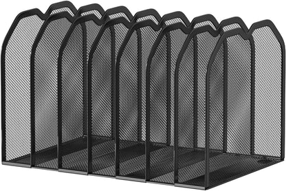 FANXIYQ Metal 7-Section File Folder Organizer for Desk | Vertical Office File Holder | Heavy-Duty Mesh Document Sorter for Books, Binders, Laptops | Black Desk Organizer (12.8”x8.5”x7.9”)