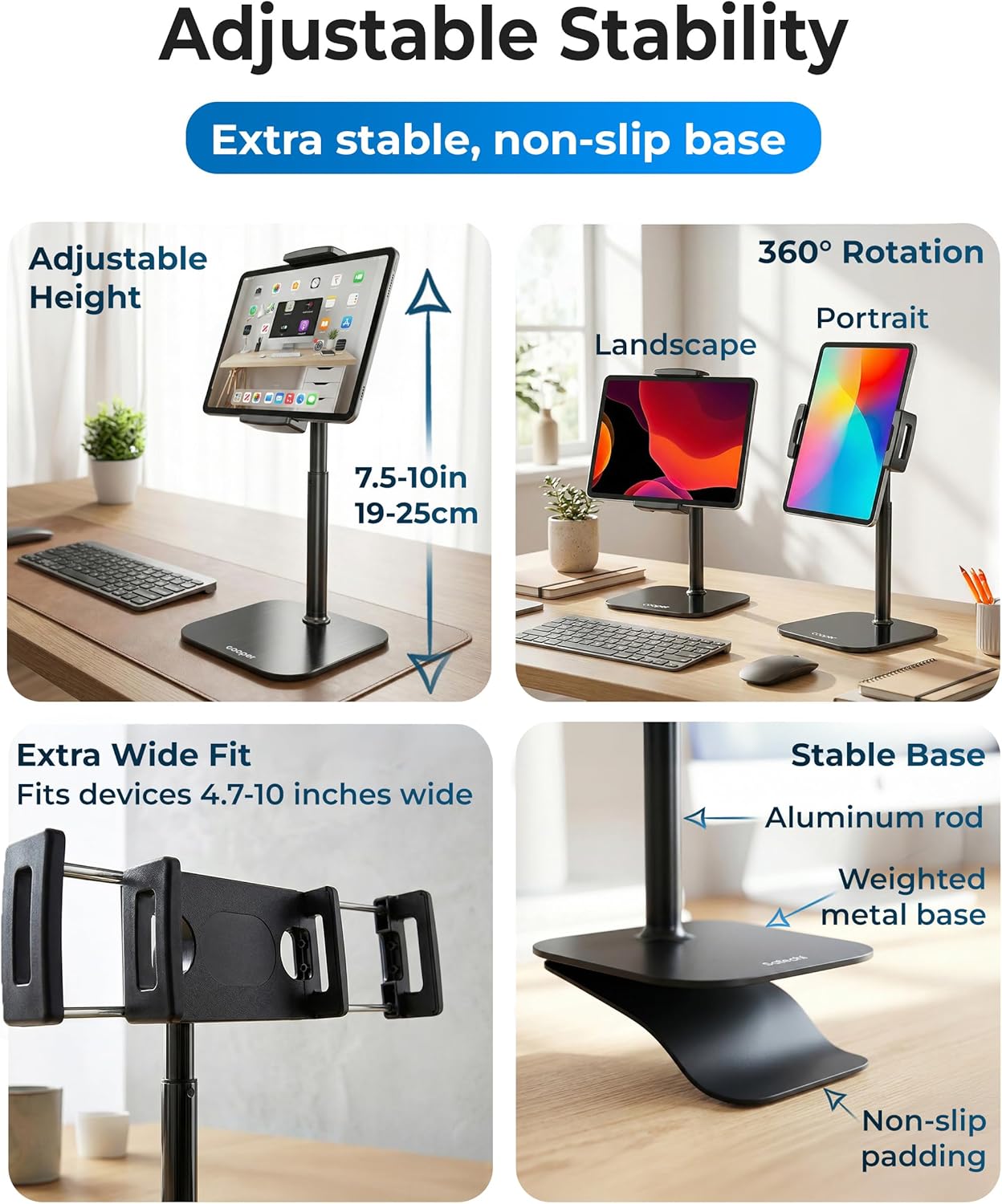 COOPER TabStand, 20" Tall iPad Stand for Desk, Portable Monitor Holder up to 17" Holds 4.4lb, Desktop Tablet Stand, Tablet Mount, Apple iPad Holder for Desk, for Samsung, Kindle, Fire (Night Black)