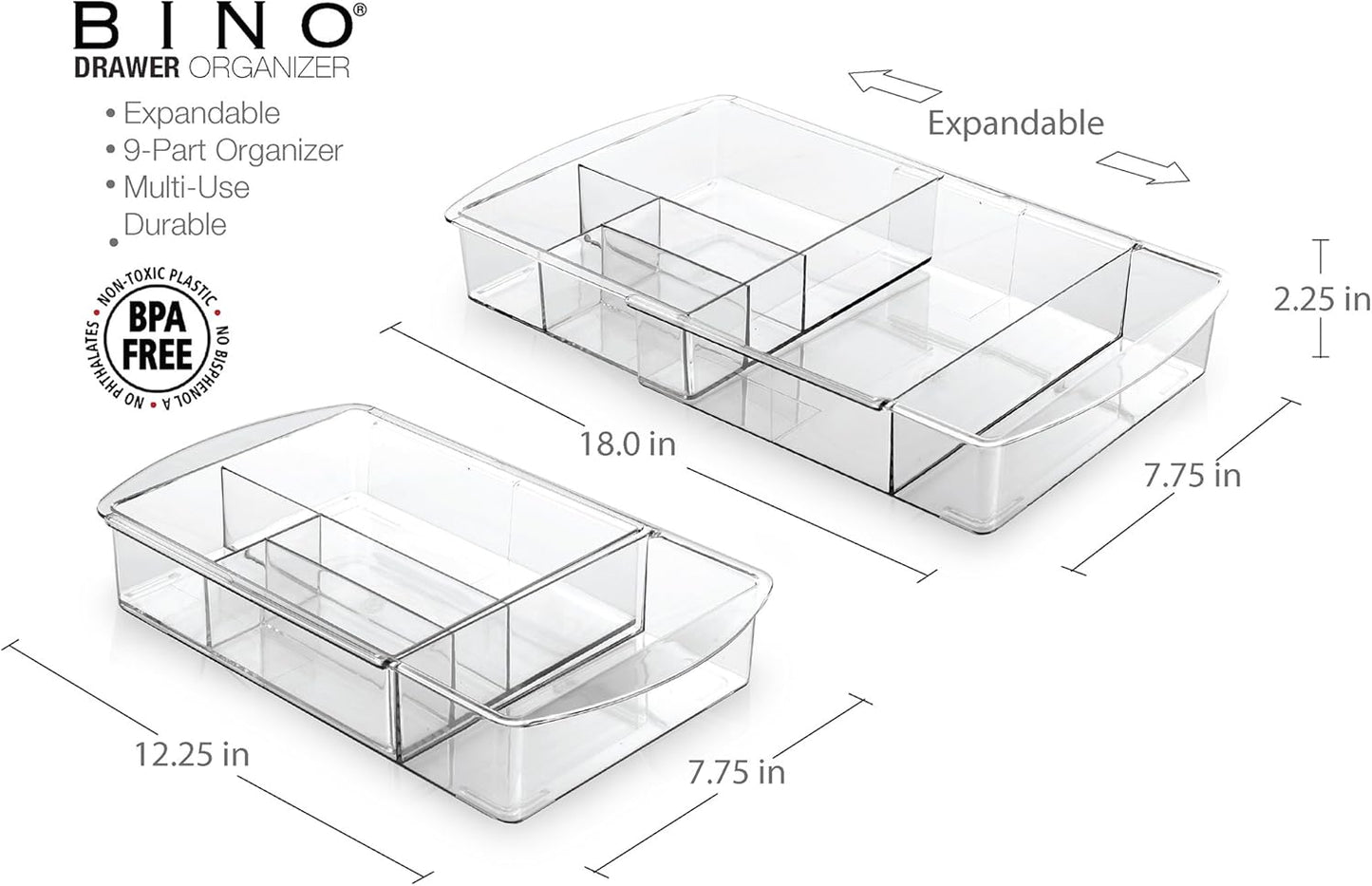BINO | 7-Section Expandable Plastic Drawer Organizer | Makeup Storage | Space-Saving Makeup Storage | BPA - Free Material | Home Essential | Bathroom Vanity Organizer | Cosmetic